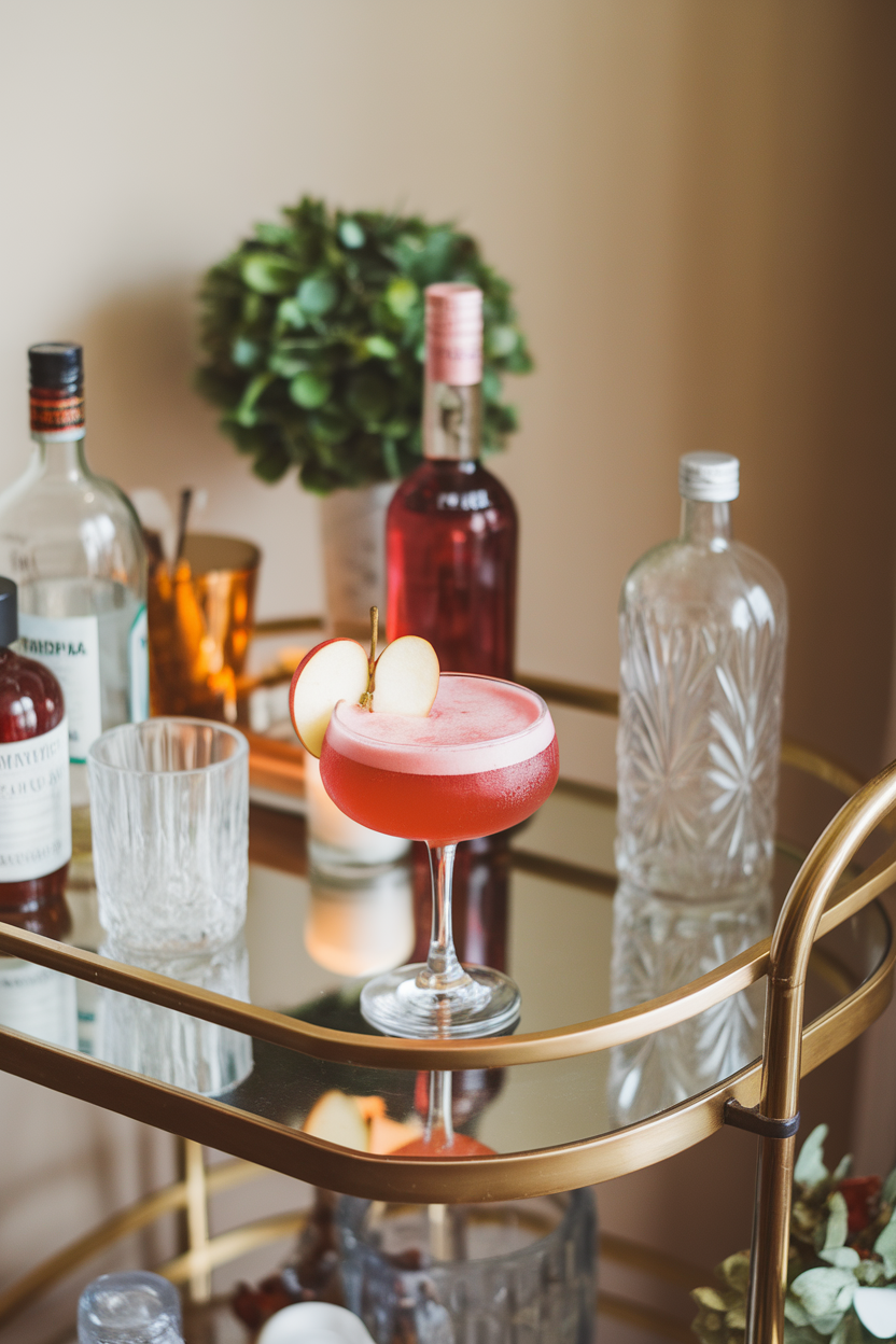 Indoor bar cart with a coupe glass of cranberry cider fizz, pink foam cap, apple slice garnish. Photo, no text or logos.