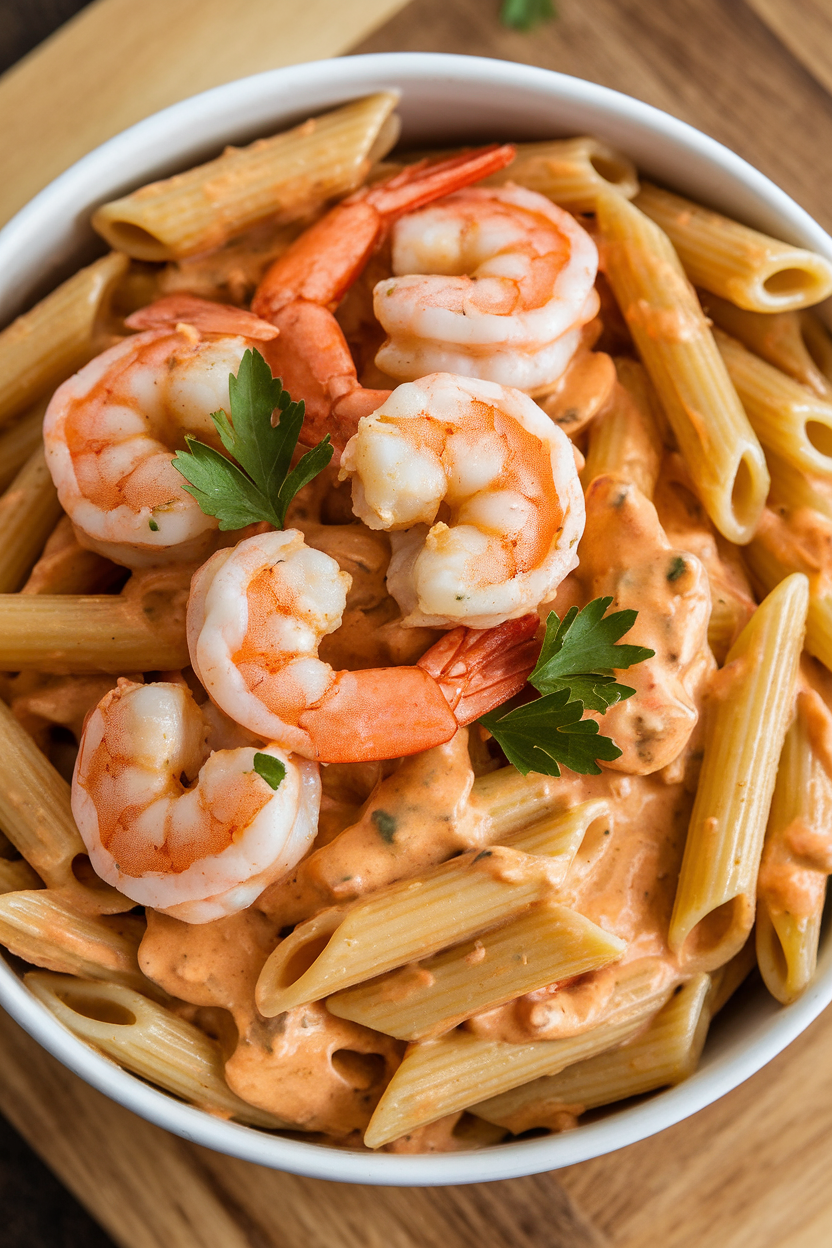 Indoor pasta bowl filled with penne tossed in creamy Cajun sauce, cooked shrimp on top, parsley garnish. No raw seafood, no text or logos.