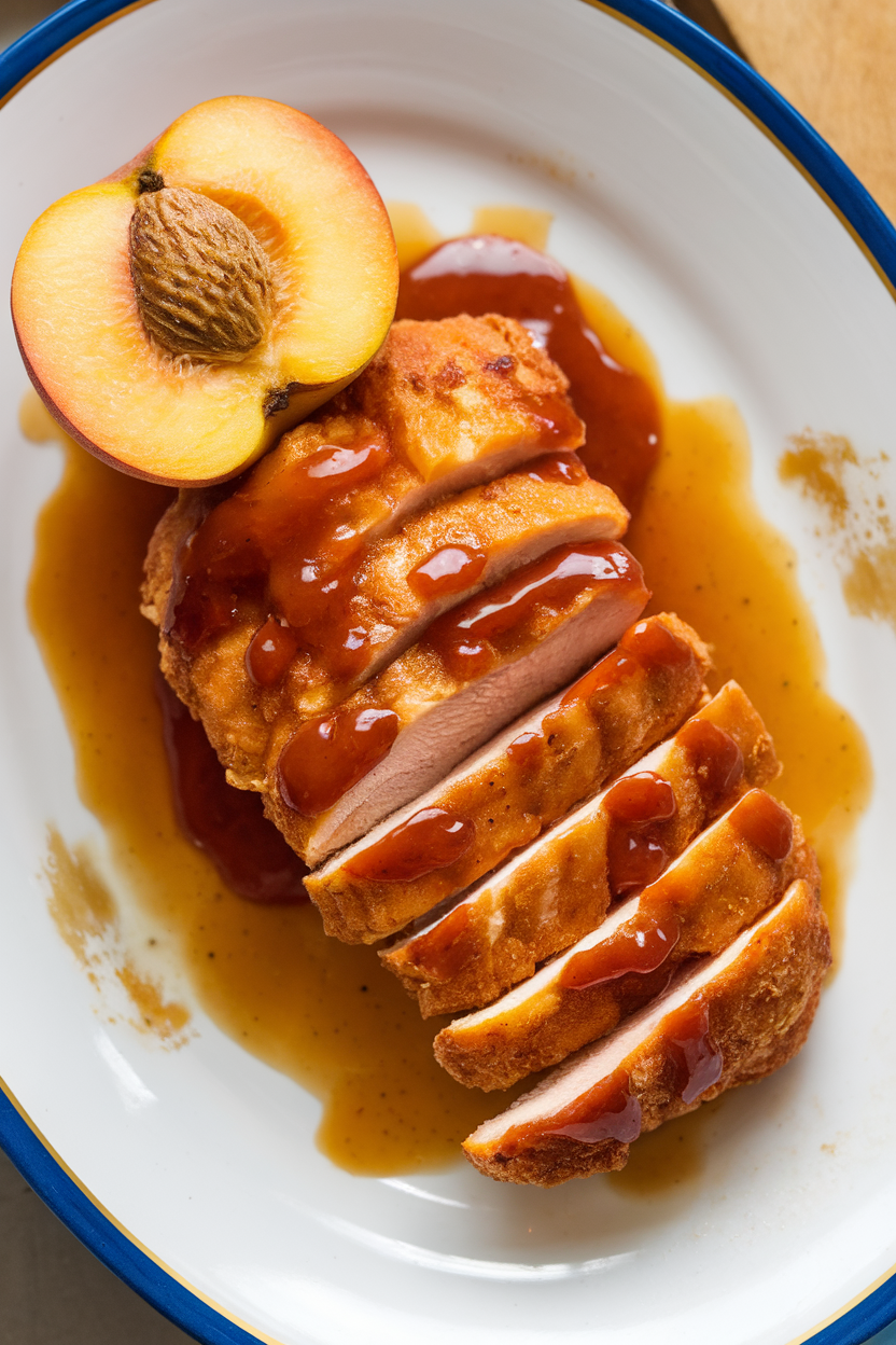 Indoor plate displaying air-fried chicken breast glazed in peach barbecue sauce, peach slice garnish, overhead shot. No text or logos.