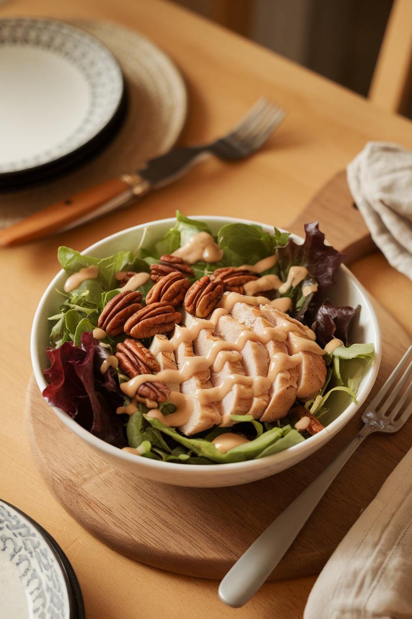 Indoor dining room scene with a bowl of mixed greens, sliced chicken breast, toasted pecans, and a maple-Dijon dressing drizzle — photo, no text or logos