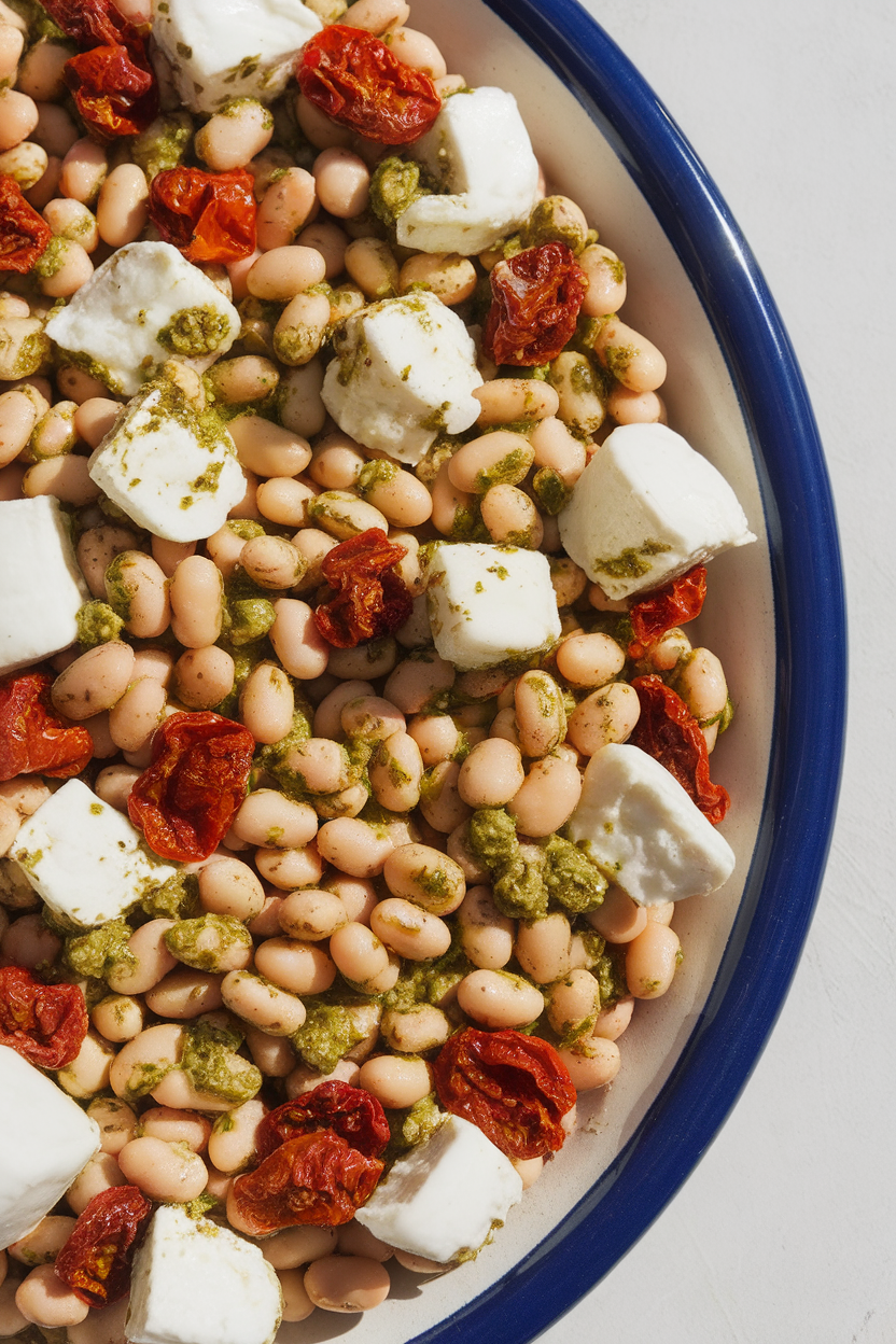 Indoor photo of mixed cannellini and kidney beans coated in basil pesto with fresh mozzarella cubes and sun-dried tomatoes on a ceramic platter. Overhead lighting, no text or logos.