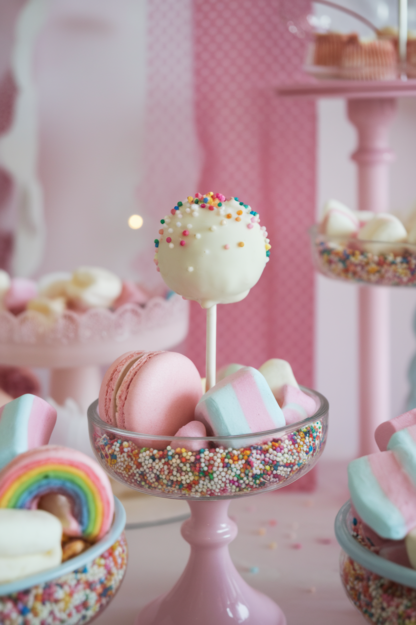 Photo, not illustration. Indoor whimsical dessert station. White-chocolate-coated cake pops with crushed chocolate cookie flecks, perched in a sprinkle-filled dish. No text or logos.