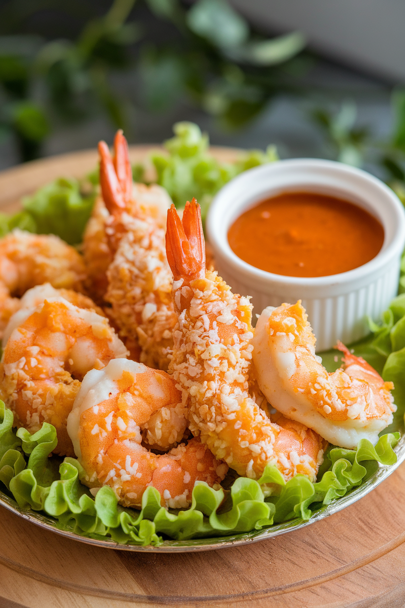 Photo of an indoor platter lined with golden coconut-crusted shrimp accompanied by a ramekin of sweet chili sauce; no text or logos.