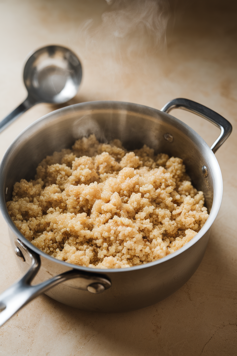 A simmering indoor saucepan of fluffy cooked quinoa, steam rising gently, stainless steel ladle resting nearby; no text or logos. Photo.
