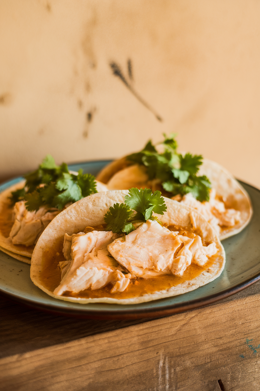 Photo of tortillas stuffed with flaky white fish in coconut-lime sauce, topped with cilantro, indoor scene, fully cooked fish, no text or logos.