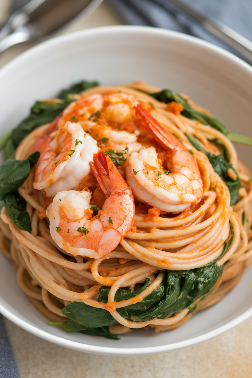 Indoor bowl photo of whole-wheat spaghetti twirled with wilted spinach and garlic-shrimp, sprinkled with red pepper flakes; no text or logos.