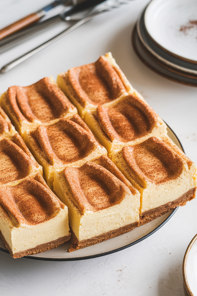 Indoor square pan of snickerdoodle cheesecake bars swirled with cinnamon sugar topping, sliced neatly; no text or logos. Photo, not illustration.