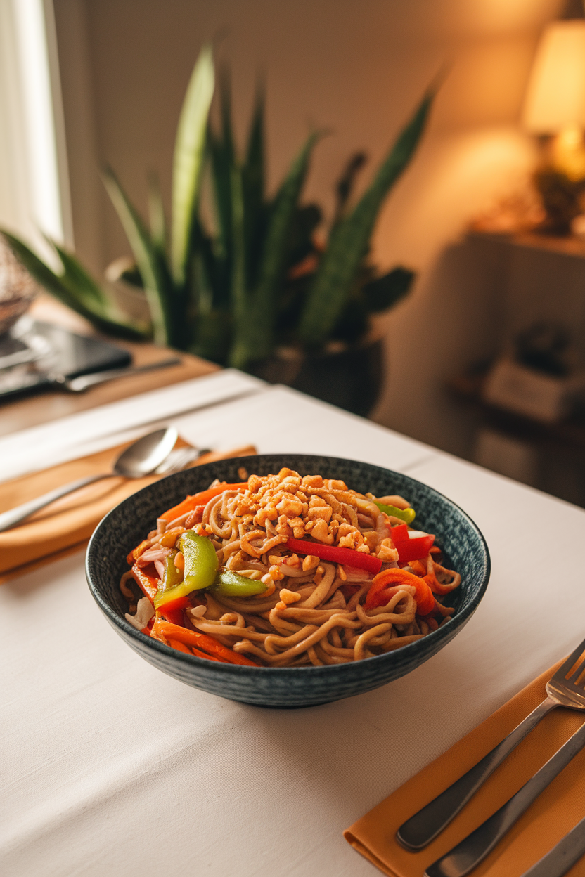 Indoor dining table scene showing a bowl of whole-wheat noodles coated in creamy peanut sauce, mixed with vibrant sautéed vegetables and topped with crushed peanuts. No text or logos.