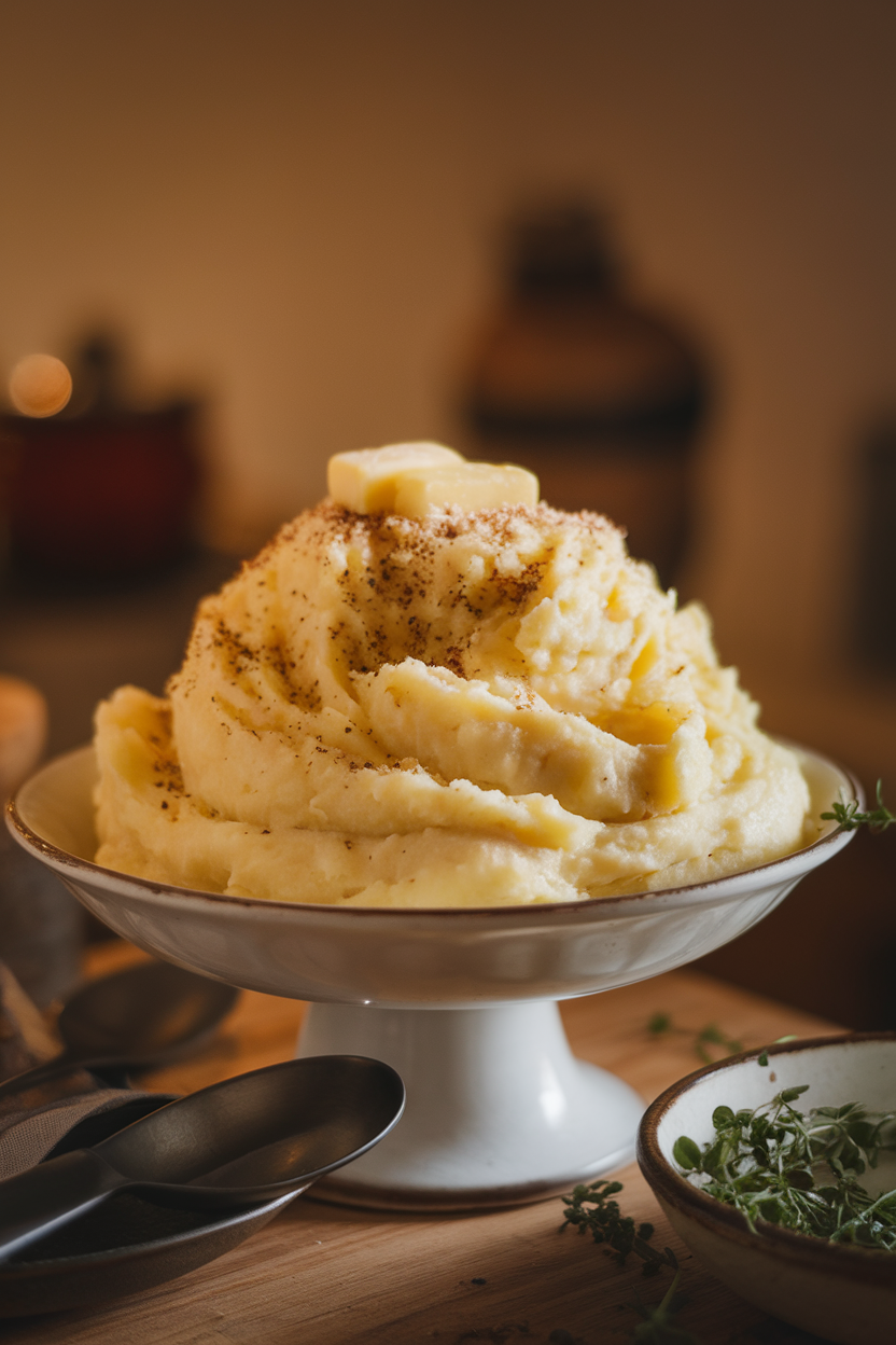 Warmly lit indoor photo of a white serving bowl piled high with creamy mashed potatoes topped with melted butter and a dusting of grated Parmesan. No text or logos.
