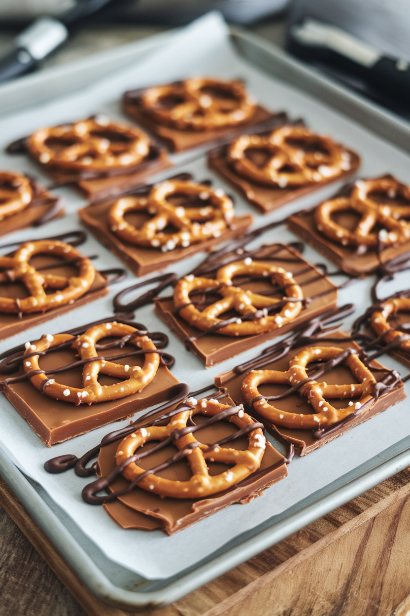 Indoor baking sheet lined with pieces of salted caramel pretzel bark—the caramel layer glistening beneath pretzel twists and melted chocolate drizzle; no text or logos. Photo, not illustration.