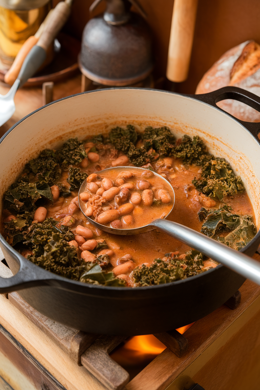 Photo of an indoor Dutch oven simmering chunky white bean and kale stew, ladle resting inside, no visible text.