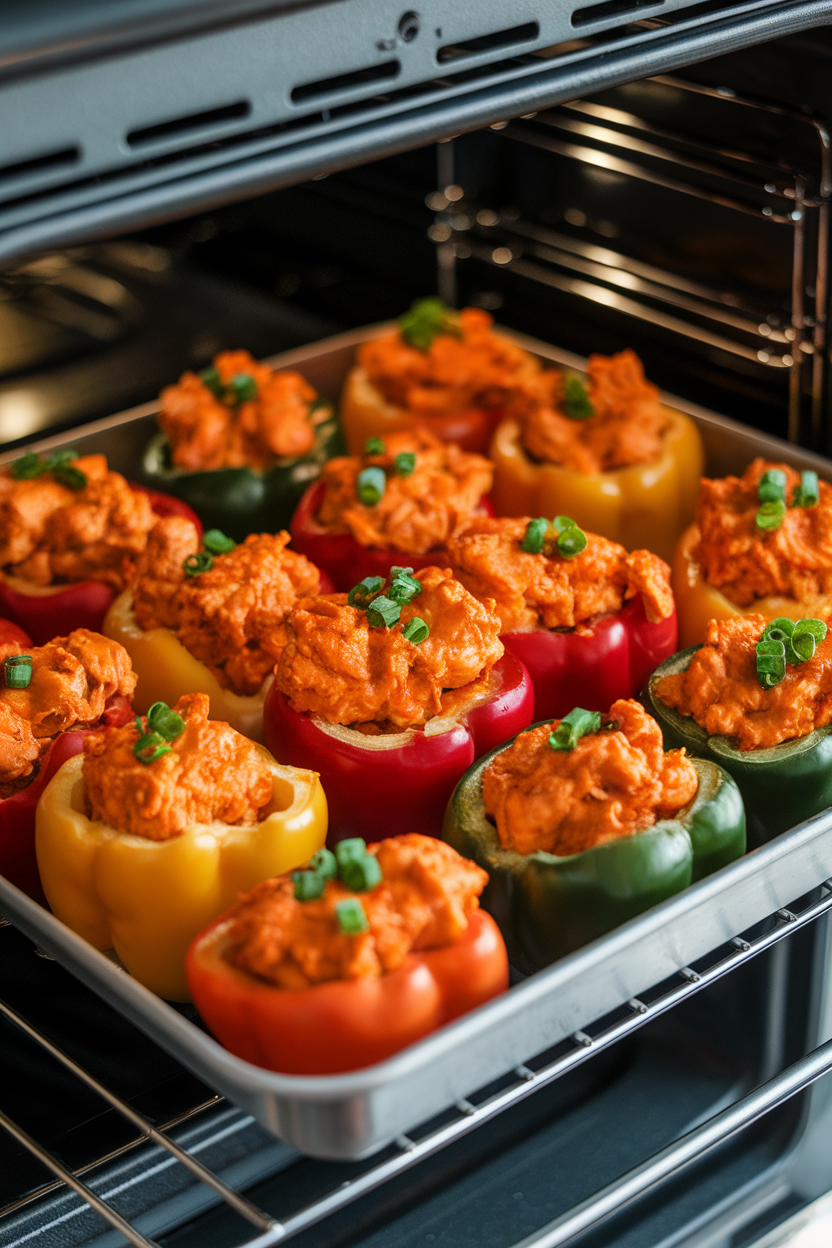 An indoor oven tray with bell peppers filled with orange-tinged Buffalo chicken and topped with a sprinkle of green onion. No logos or text. Photo only.