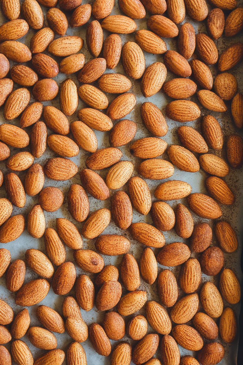 An indoor baking tray of roasted almonds coated in cinnamon, portioned into small zip bags. No text or logos.
