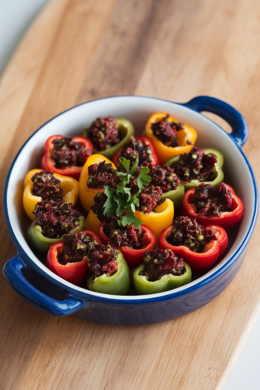 Photo of an indoor ceramic dish with colorful mini bell peppers halved and filled with dark olive tapenade, parsley garnish; no text or logos.