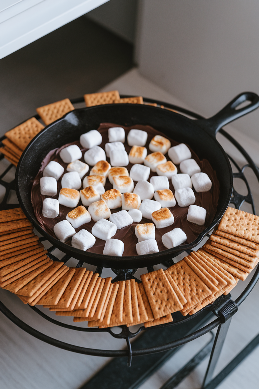 A cast-iron skillet on an indoor trivet filled with melted chocolate and toasted pumpkin-spice marshmallows, graham crackers arranged around it. Photo, no text or logos.