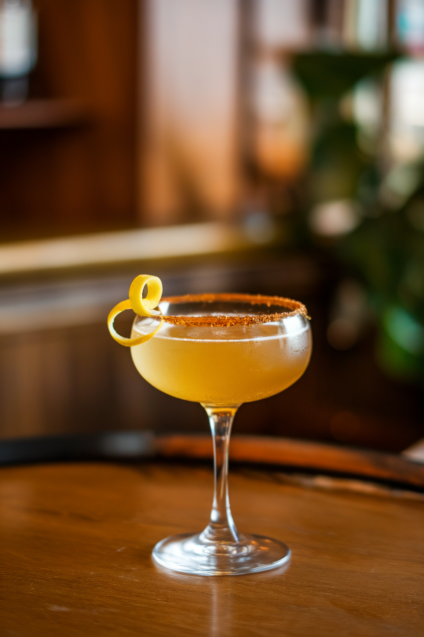 An indoor pub table with a chilled coupe of golden sidecar, rimmed with spiced sugar and a curled lemon twist. No text or logos; photograph, not illustration.