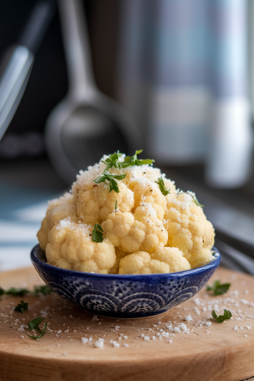 Indoor photo of mashed cauliflower in a small serving dish topped with grated Parmesan and parsley, no text or logos