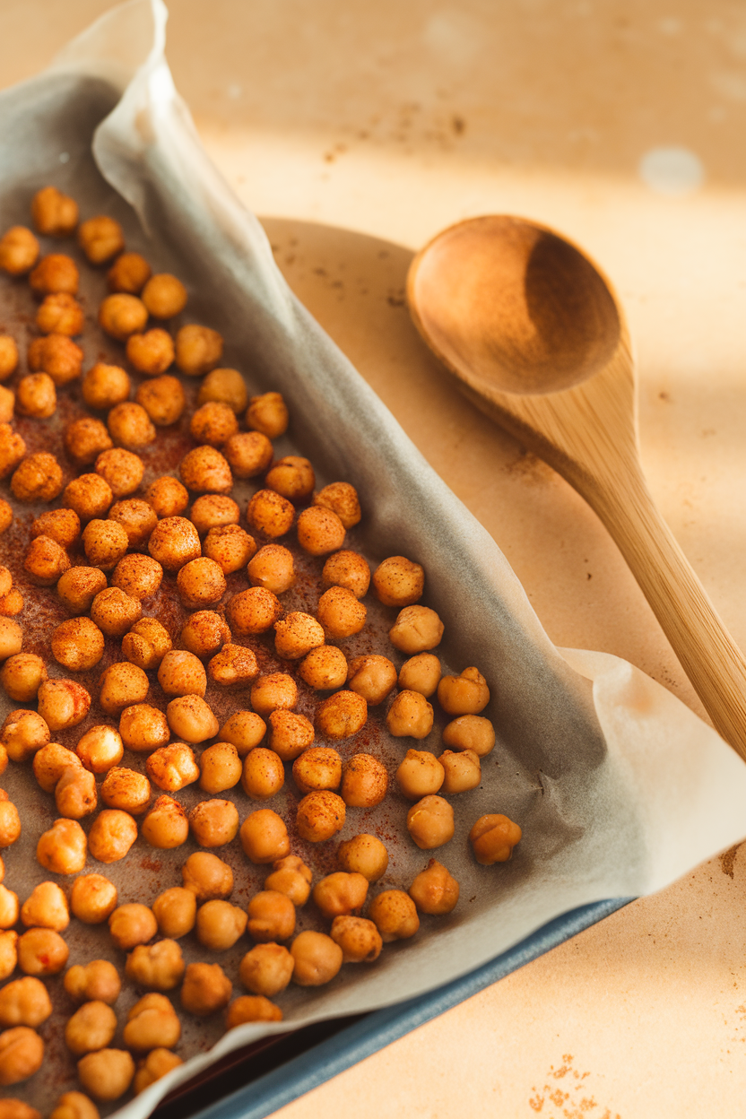 Indoor photo of a parchment-lined tray filled with roasted chickpeas dusted in paprika and cumin, a wooden spoon beside them. No logos or text.