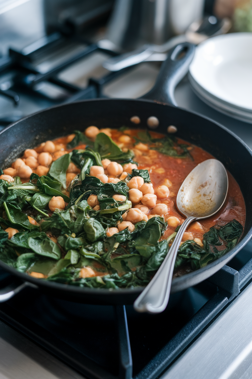 An indoor stovetop scene with a black skillet containing wilted spinach and chickpeas in a light tomato broth, spoon resting on the side. No text or logos. Photo only.