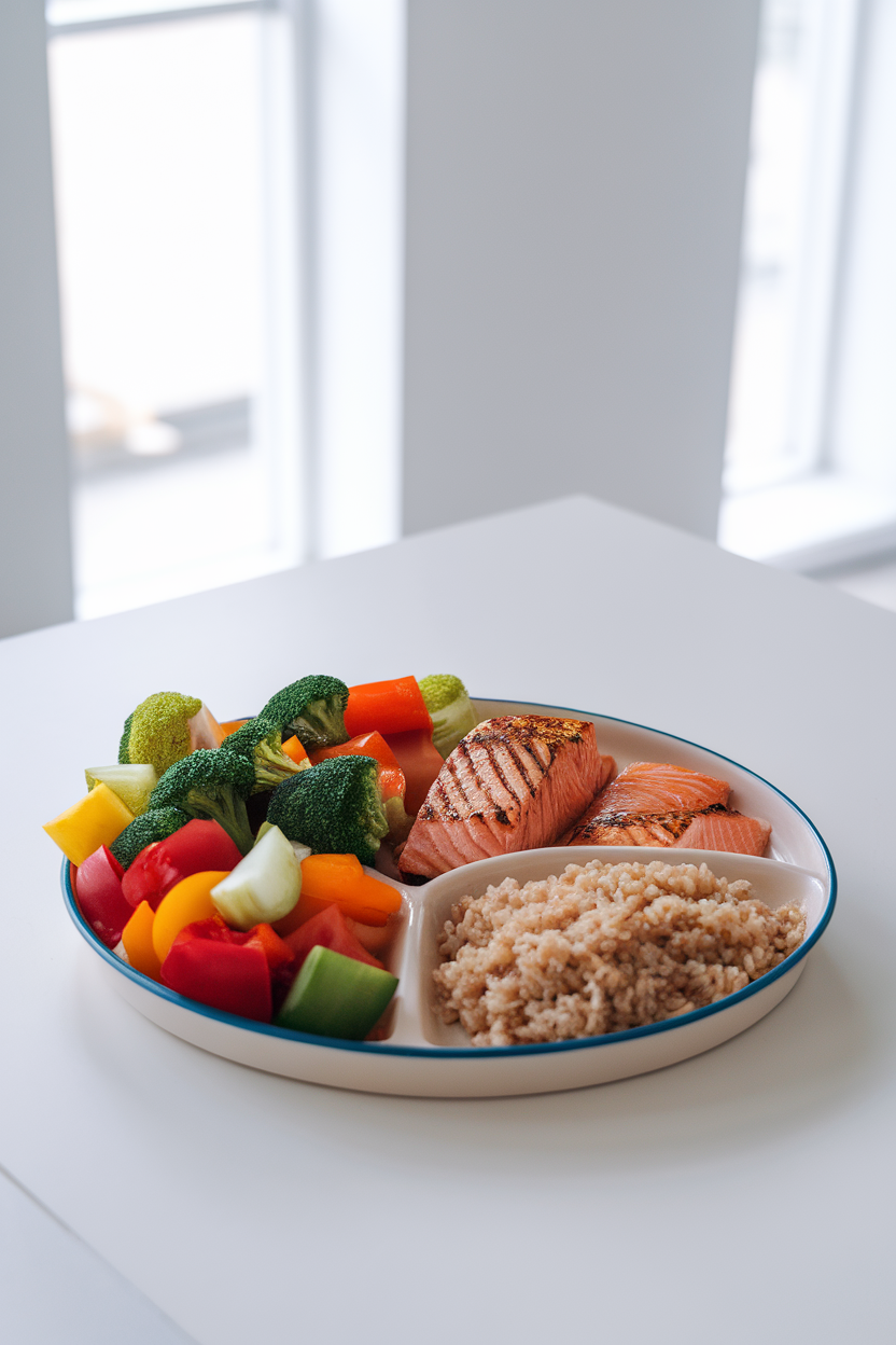 A bright indoor scene featuring a dinner plate where exactly half is filled with colorful steamed vegetables, the remaining quarters hold grilled salmon and brown rice. No text or logos present.