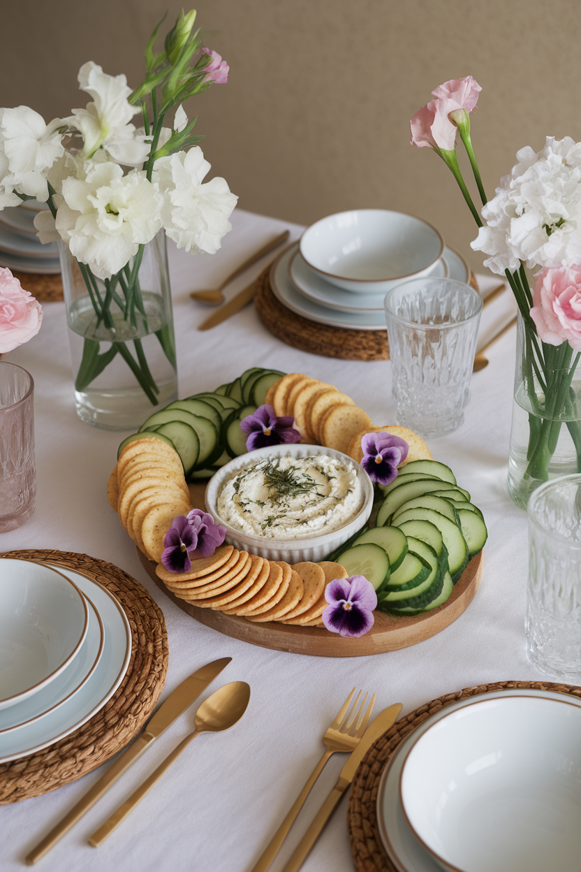 Indoor floral-themed table with a board containing herbed cream cheese, cucumber ribbons, violas, and water crackers; no logos or text visible.