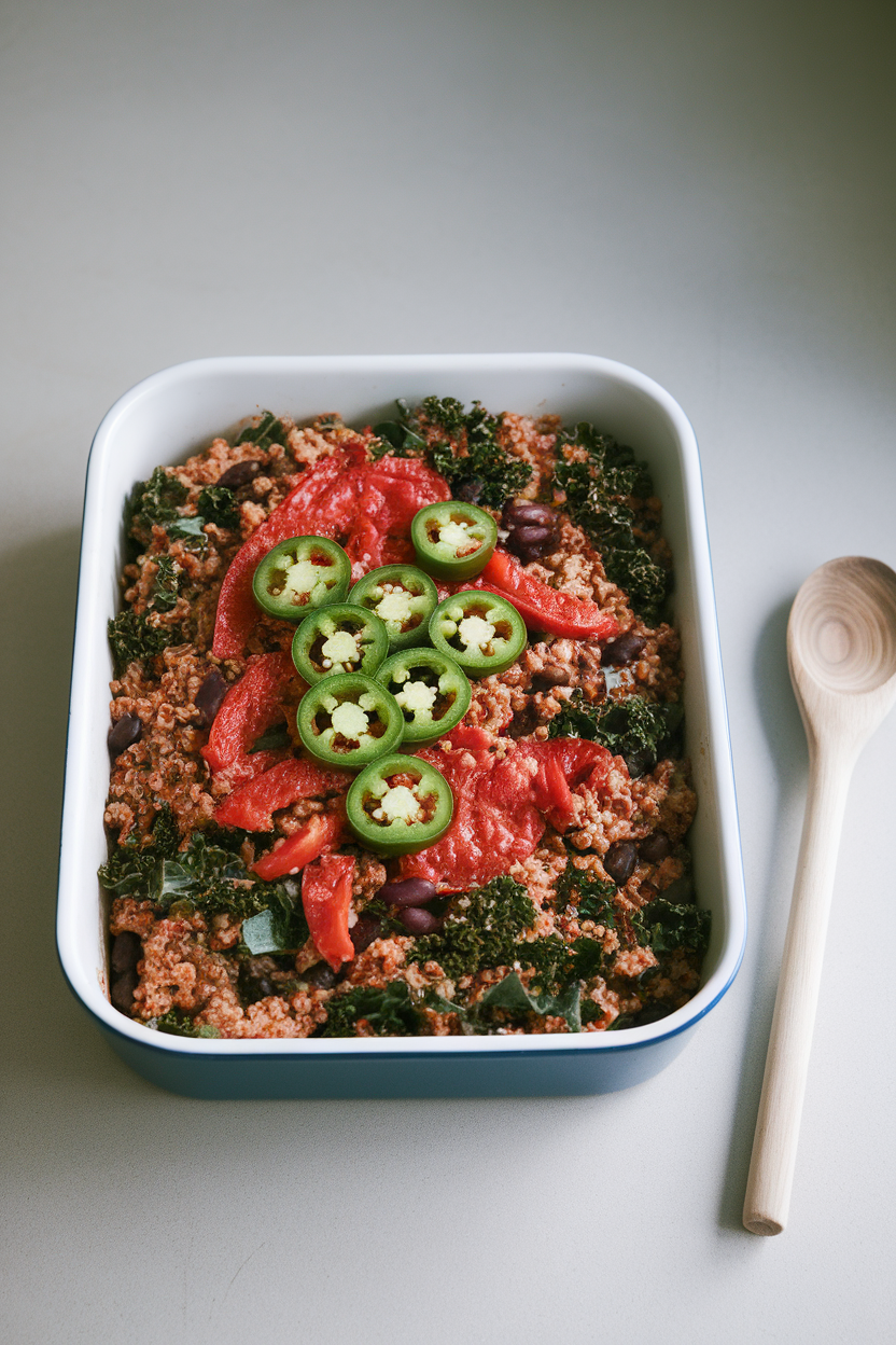 Indoor countertop image with a baking dish of red quinoa, ground turkey, kale ribbons, black beans, and fire-roasted tomatoes, topped with sliced jalapeños. No brands or text.