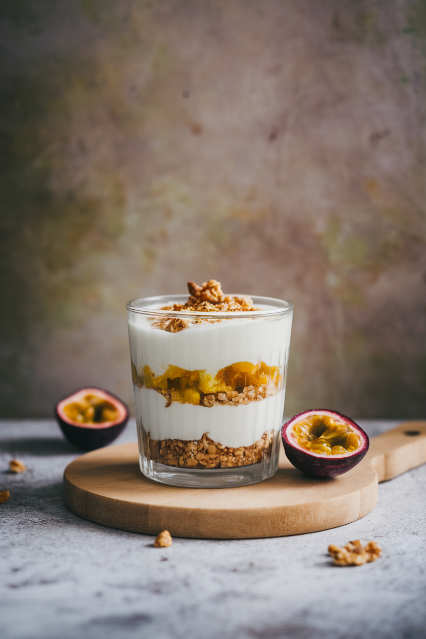 An indoor café counter with a small glass layered with coconut yogurt, crunchy granola, and ripe passion-fruit pulp. No text or logos.