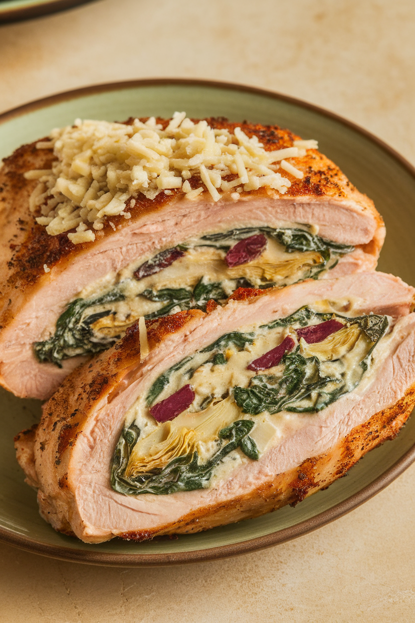 Indoor photo of sliced chicken breast showing creamy spinach artichoke filling; no text or logos