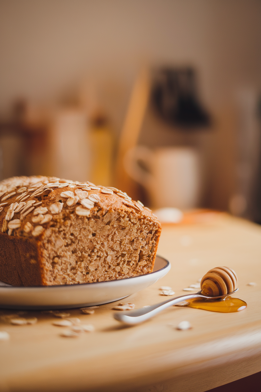 An indoor table with a soft-focus background, showing a loaf of oatmeal honey bread topped with scattered rolled oats, a drizzle of honey on a spoon beside it. No text or logos. Photo only.