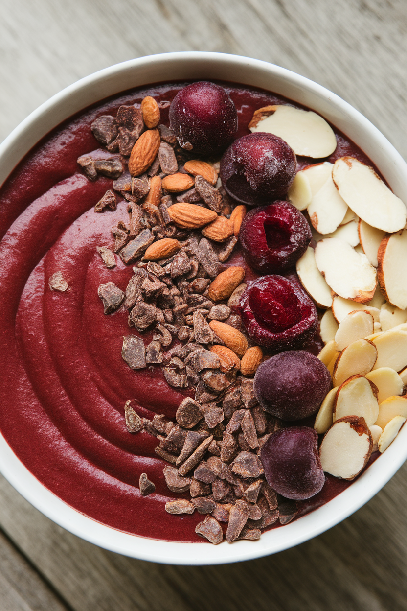Indoor photo of a deep red smoothie bowl topped with cacao nibs, frozen cherries, and sliced almonds. No text or logos.