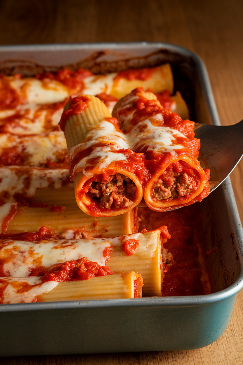 An indoor baking dish of tubular cannelloni covered in tomato sauce and bubbling cheese, one piece being lifted with a spatula. No text or logos visible.