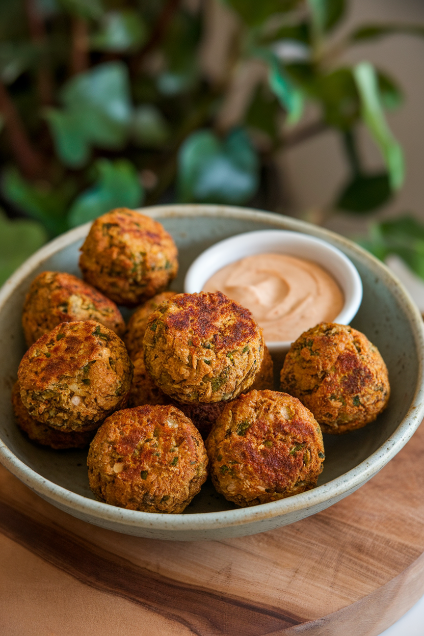 Indoor photo of baked falafel balls piled in a shallow bowl with a side of creamy tahini sauce for dipping. No text or logos.