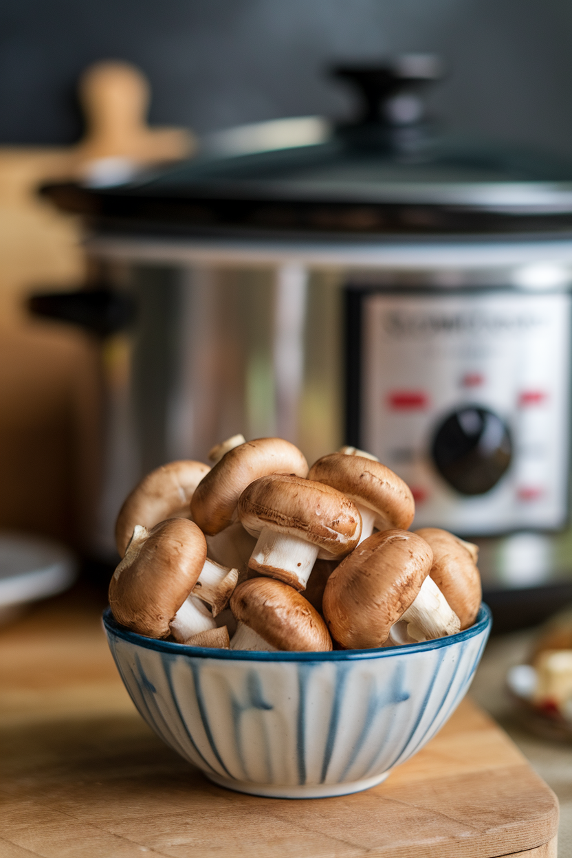 A small bowl indoors filled with glossy whole mushrooms cooked in garlic herb butter, slow cooker visible behind. No text or logos. Photo.