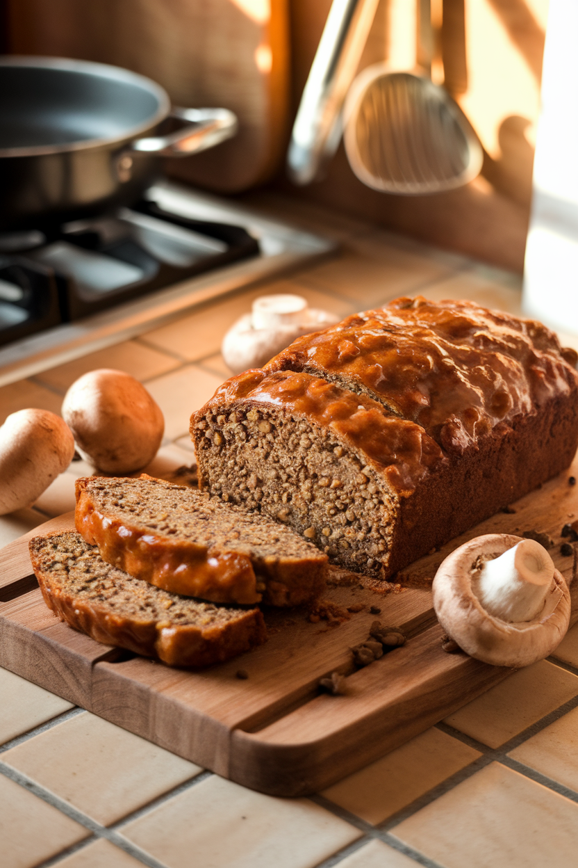 Photo of a sliced lentil and mushroom loaf on a wood cutting board in a warmly lit kitchen, glaze shimmering on top. No text or logos.