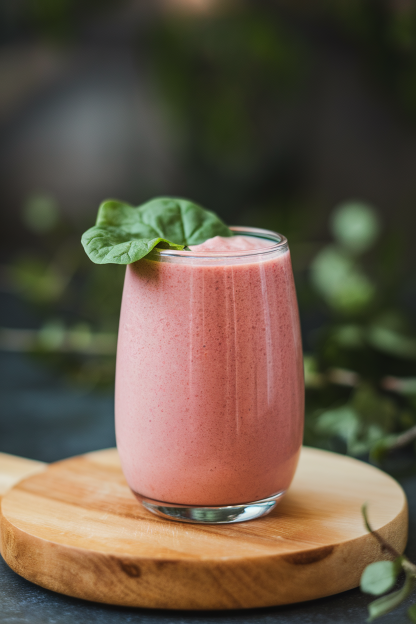Glass indoors filled with pink smoothie, spinach leaf garnish on rim, no text or logos