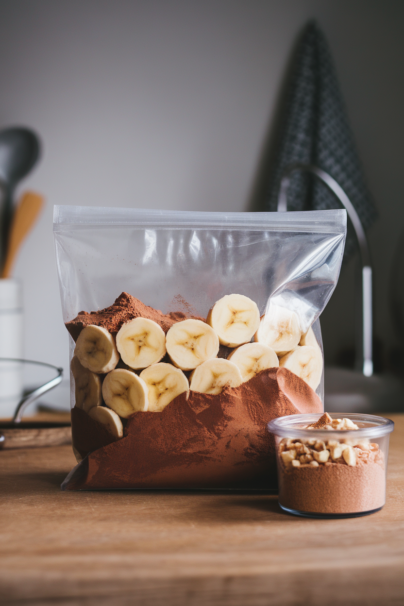 Indoor freezer bags containing banana slices, cocoa powder, and crushed hazelnuts arranged neatly; no text or logos.