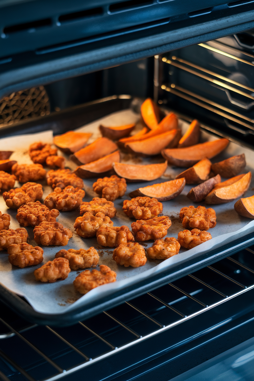 An indoor oven door open with a baking sheet of crispy chickpea “nuggets” alongside sweet-potato wedges, golden brown. No text or logos. Photo.