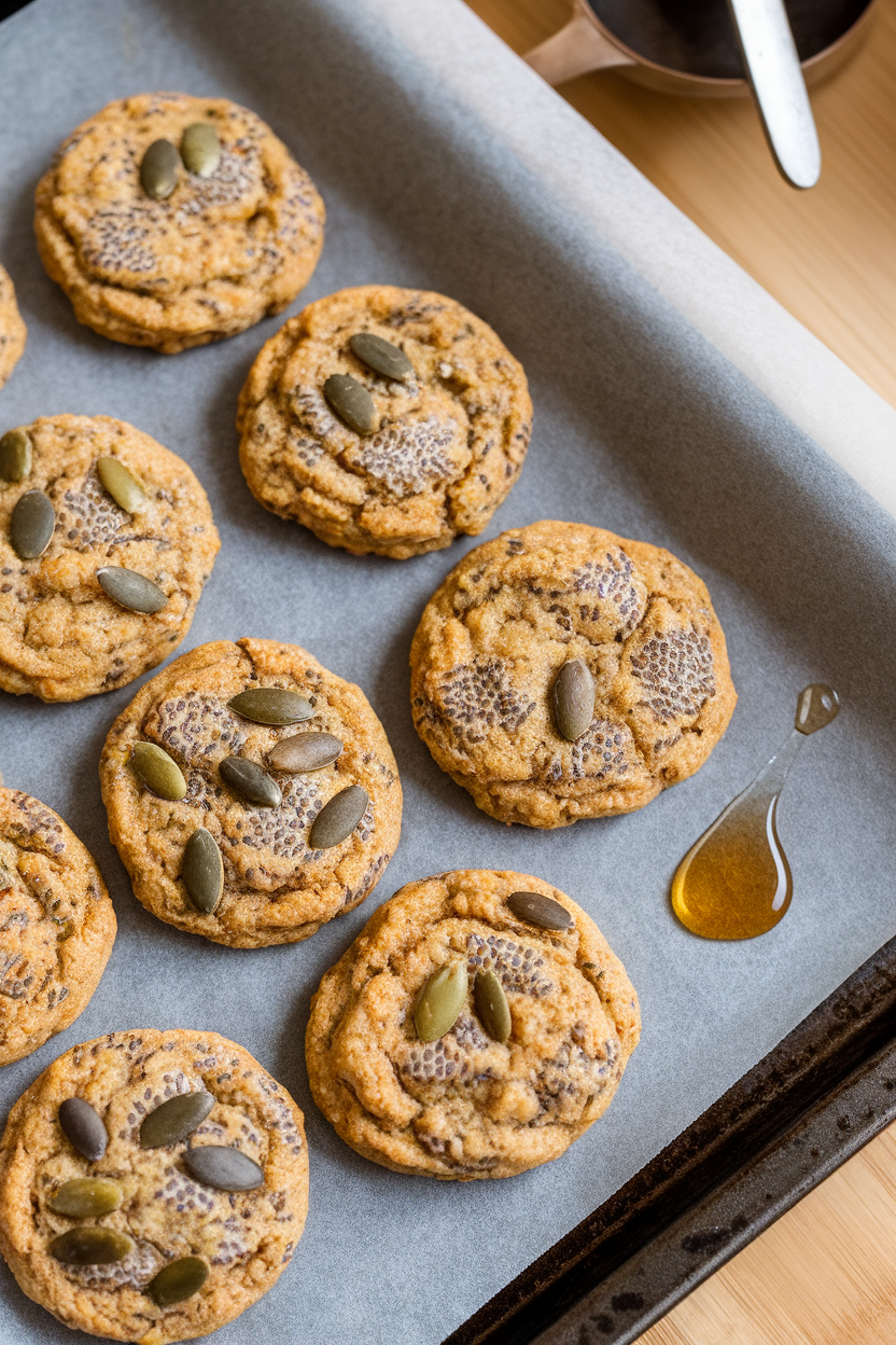 Photo prompt: Indoor scene with cookies studded with chia, flax, and pumpkin seeds on parchment, no logos.