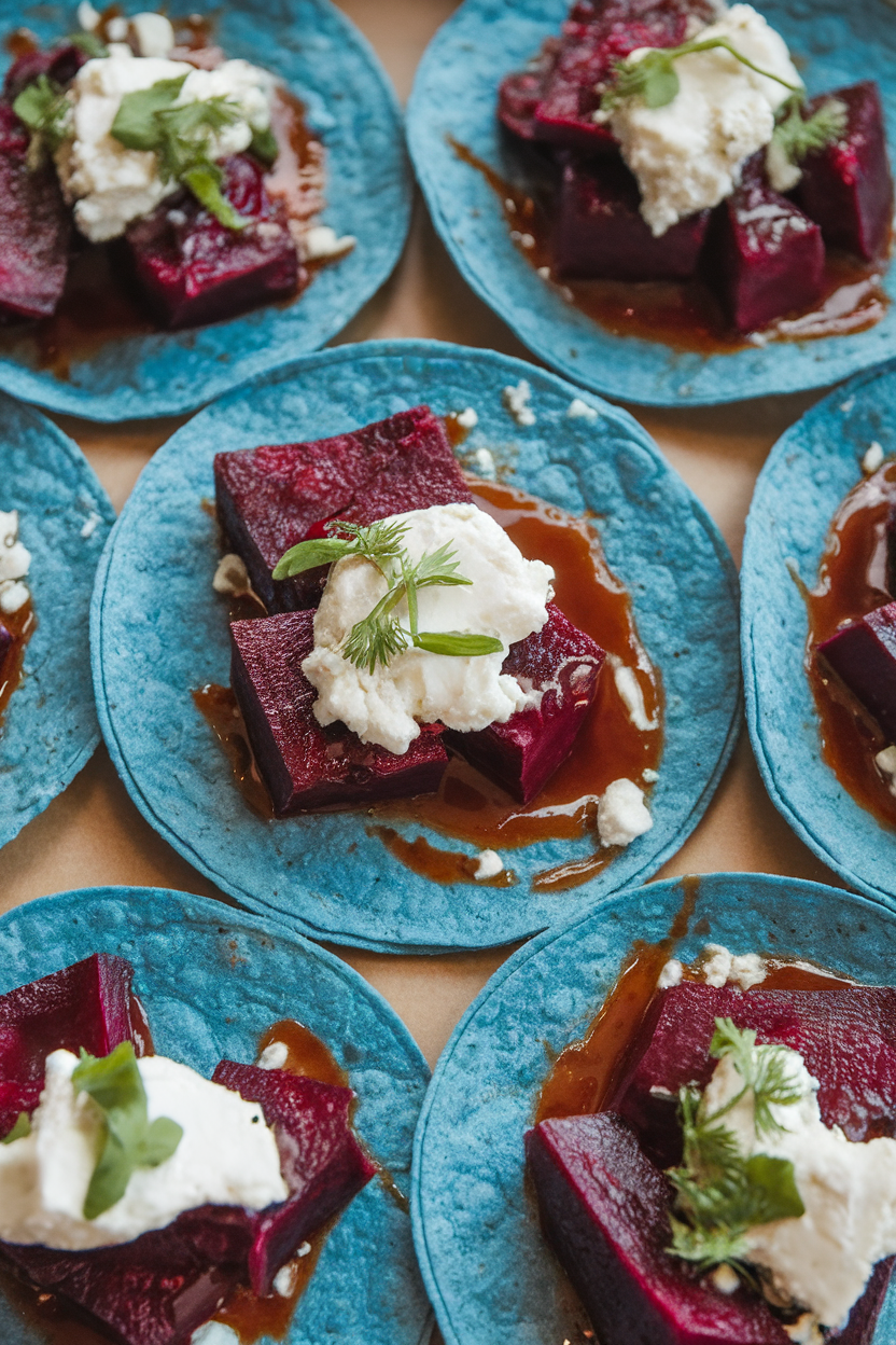 A vibrant indoor shot of magenta beet chunks and white goat cheese nestled in blue corn tortillas, drizzled with mild red sauce, no logos.