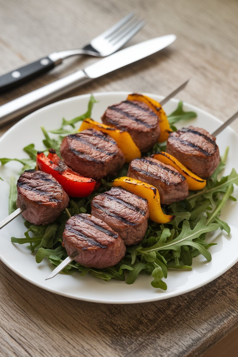 Indoor dining table with a platter of cooked sirloin and bell pepper kebabs, grill marks visible, served over a bed of arugula. No text or logos. Photo.