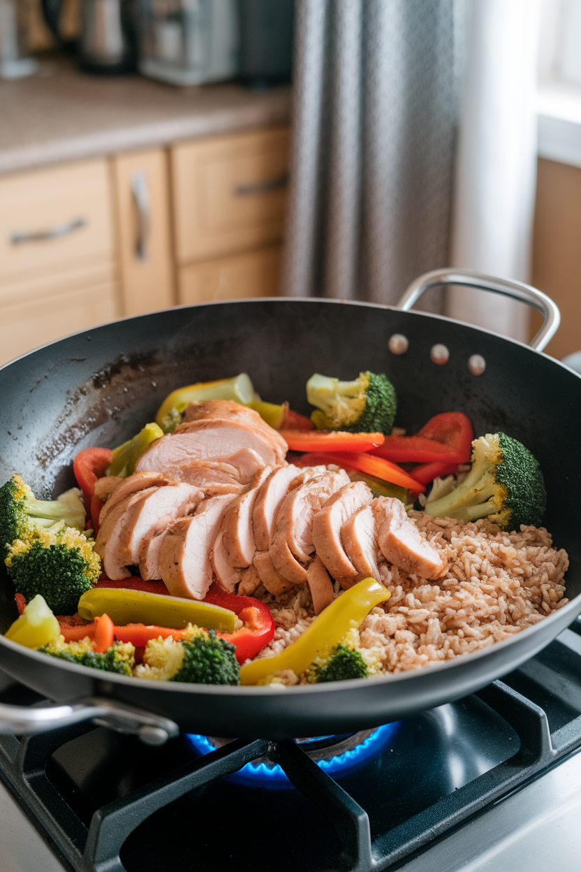 Indoor stovetop view of a wok filled with sliced chicken breast, broccoli, bell peppers, and brown rice, light soy sauce sheen visible. No logos or text; photo.
