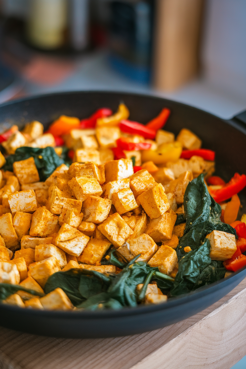 Indoor skillet photo of crumbled tofu seasoned with turmeric and mixed with peppers and spinach, no text or logos.