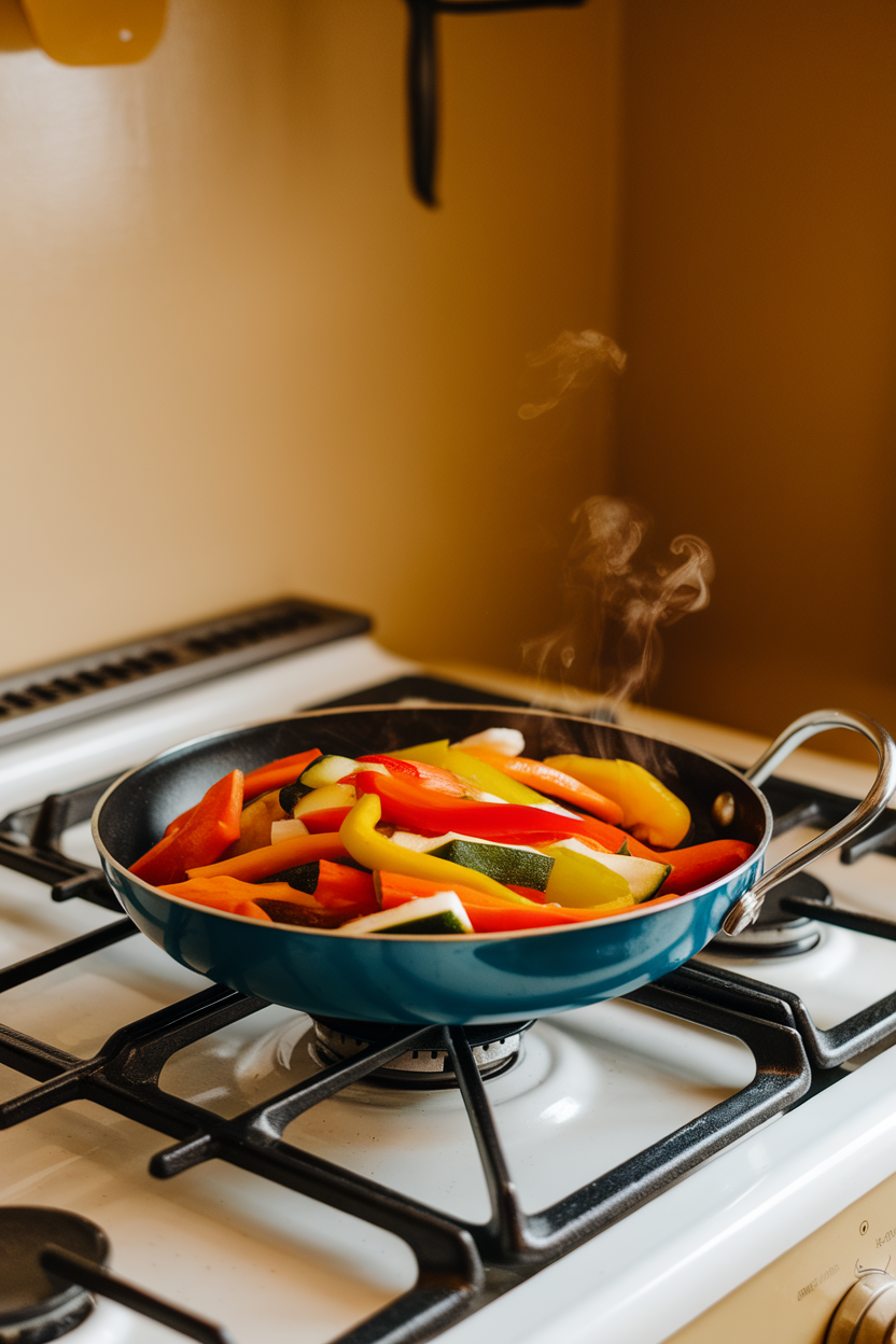 A warmly lit indoor stovetop with a small sauté pan of colorful mixed vegetables—carrots, bell peppers, zucchini—steam rising gently, no logos—photo.