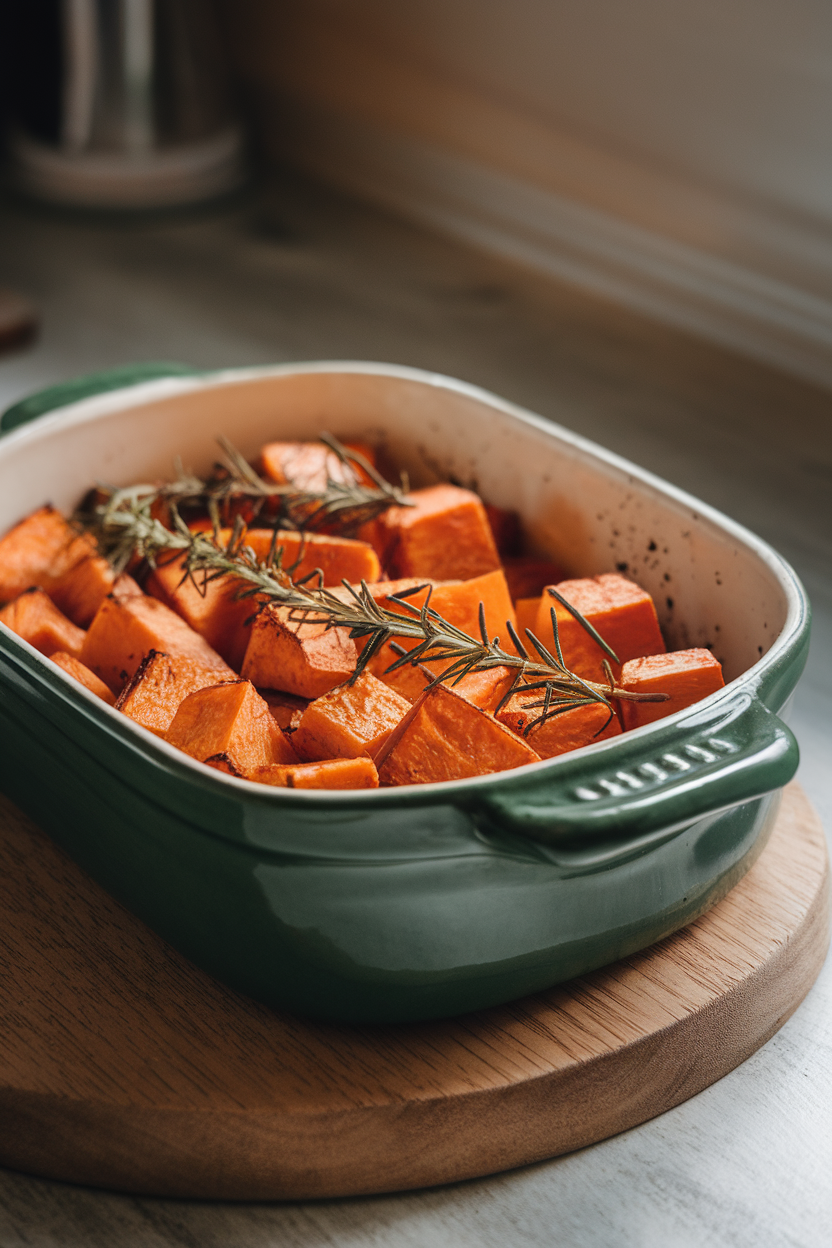 Indoor ceramic casserole filled with roasted sweet potato cubes garnished with rosemary; soft kitchen lighting; no text or logos. Photo.