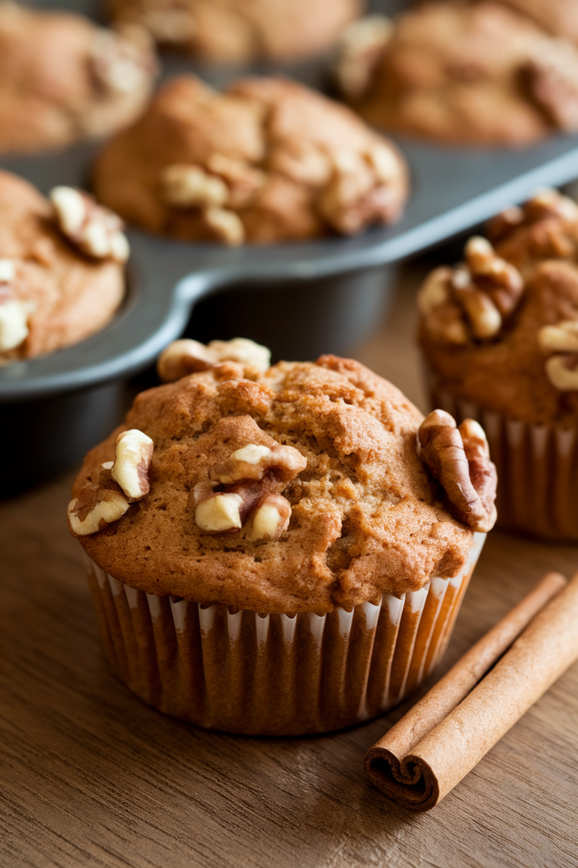 Indoor photo of apple cinnamon muffins with visible walnut pieces, a cinnamon stick nearby, no text or logos