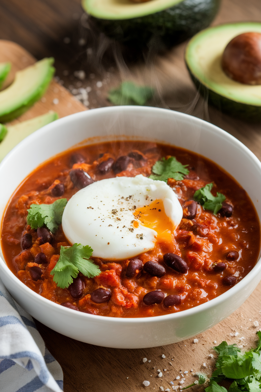 Indoor photo of breakfast chili topped with a poached egg, black beans visible beneath, mild steam rising; no text or logos.