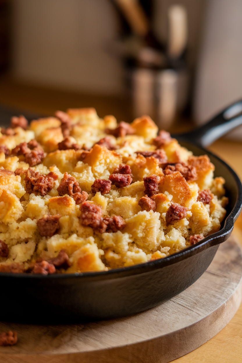 Indoor photo of golden cornbread stuffing dotted with browned sausage crumbles in a cast-iron skillet. No text or logos.