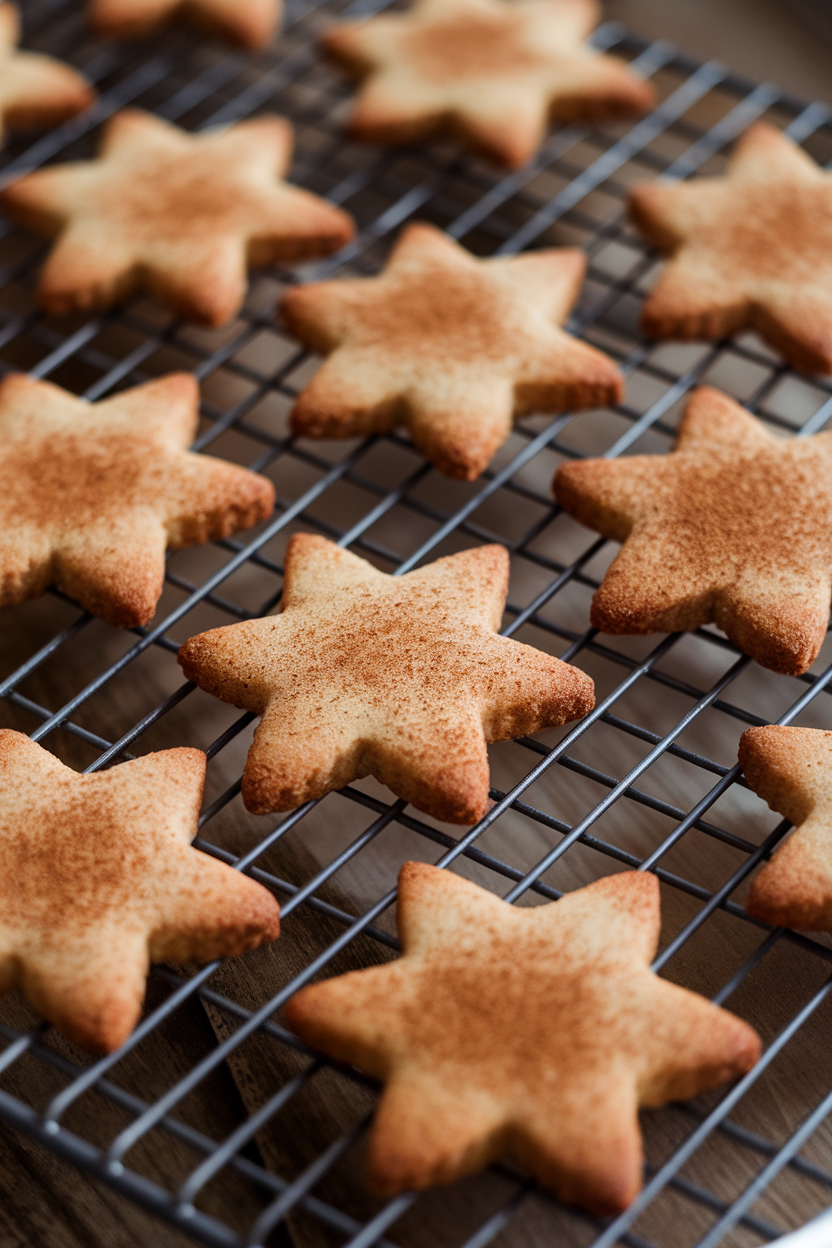 A cooling rack indoors holding star-shaped almond flour gingerbread cookies, lightly dusted with cinnamon. Photo, no text or logos.