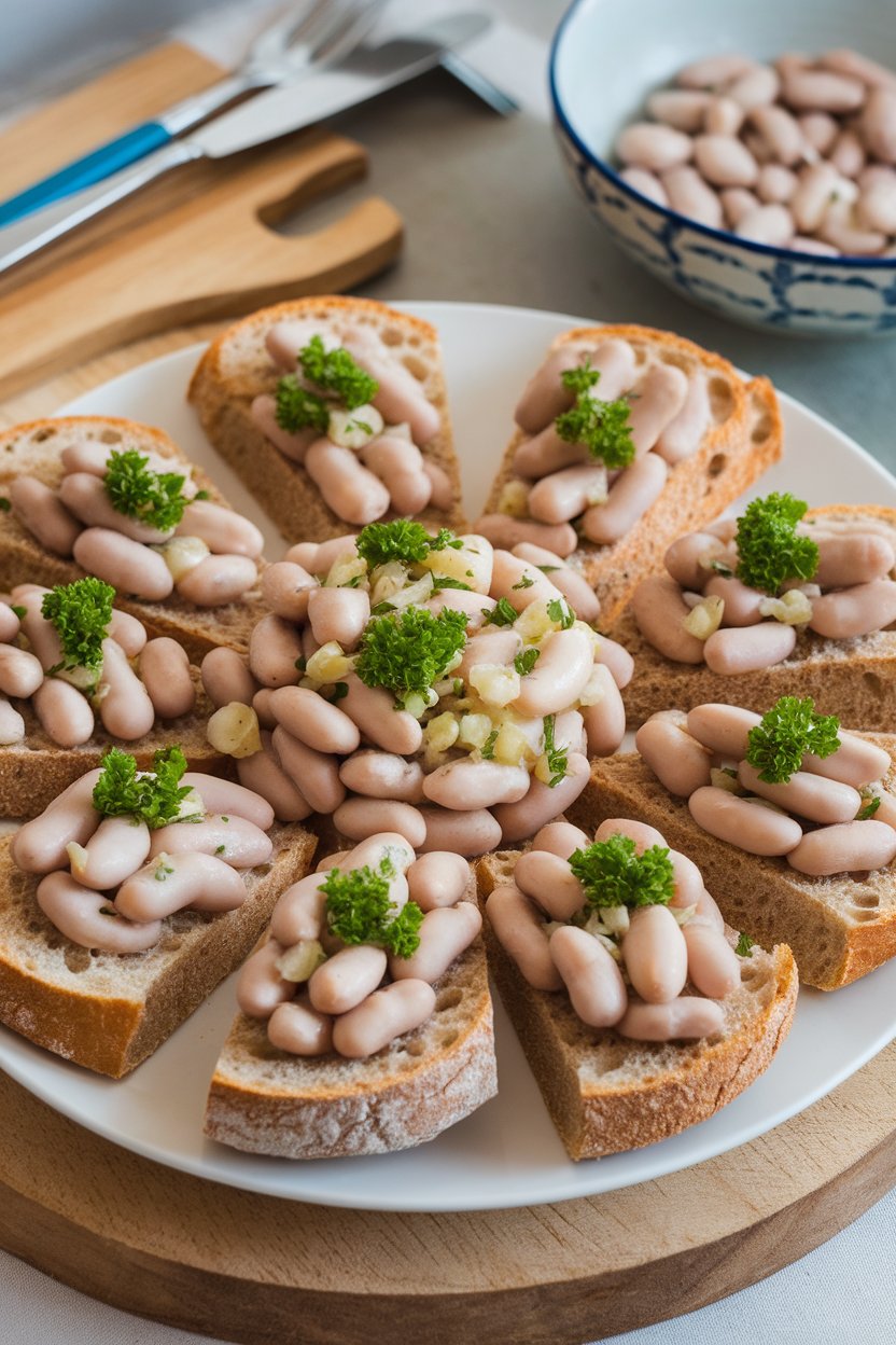 An indoor appetizer plate of whole-grain baguette slices topped with mashed white beans, garlic, and parsley. Photo, no text or logos.