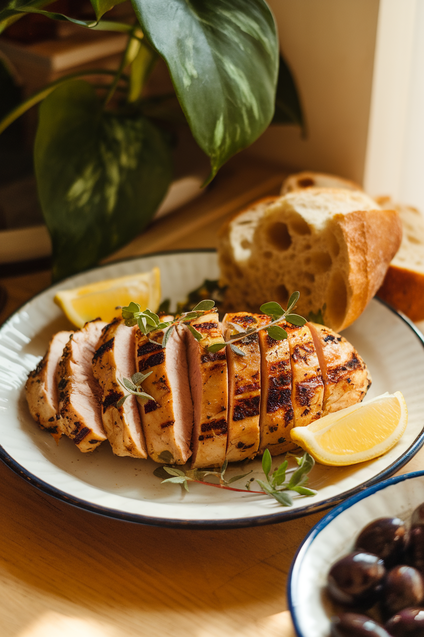 A warmly lit indoor tabletop showing sliced grilled chicken breasts with visible char marks, topped with fresh herbs and lemon wedges on a white ceramic plate. No text or logos. Photo, not illustration.